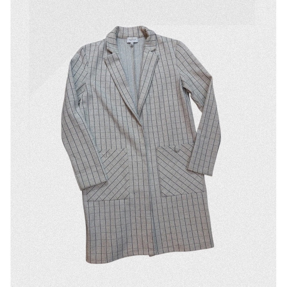 Harlyn Windowpane Plaid Longline Blazer Women XS Cream Black Open Front Jacket